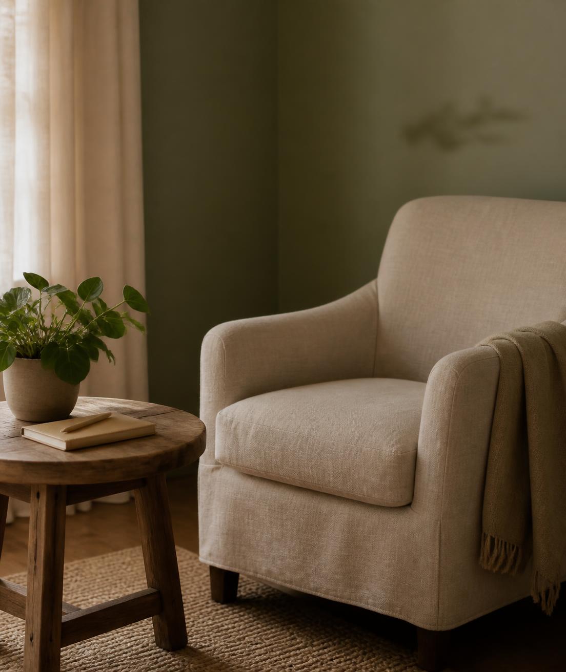 Poltrona de linho e mesa de madeira num espaço acolhedor com luz natural